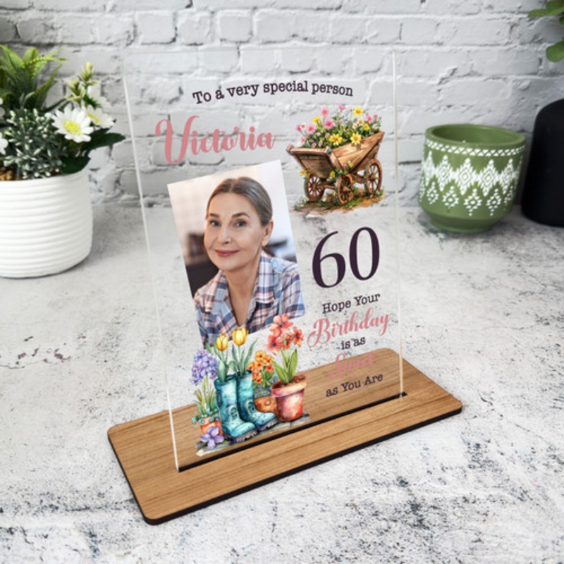 60th Birthday Gift Floral Garden Boots Cart Photo Personalised Gift Plaque – The Card Zoo