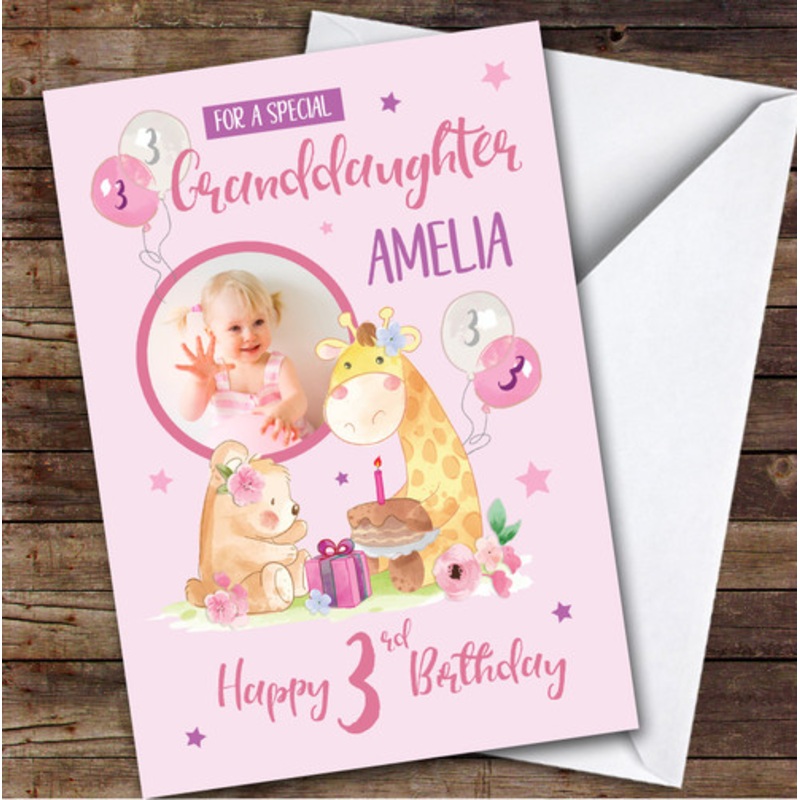 Bear Giraffe Pink Cake Photo Granddaughter 3rd Custom Personalised Birthday Card – The Card Zoo
