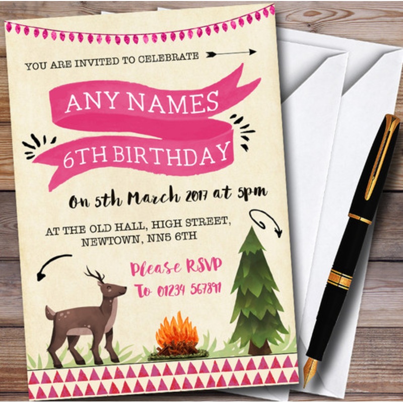 Deer and Campfire Camping Girls Personalised Children’s Party Invitations – The Card Zoo