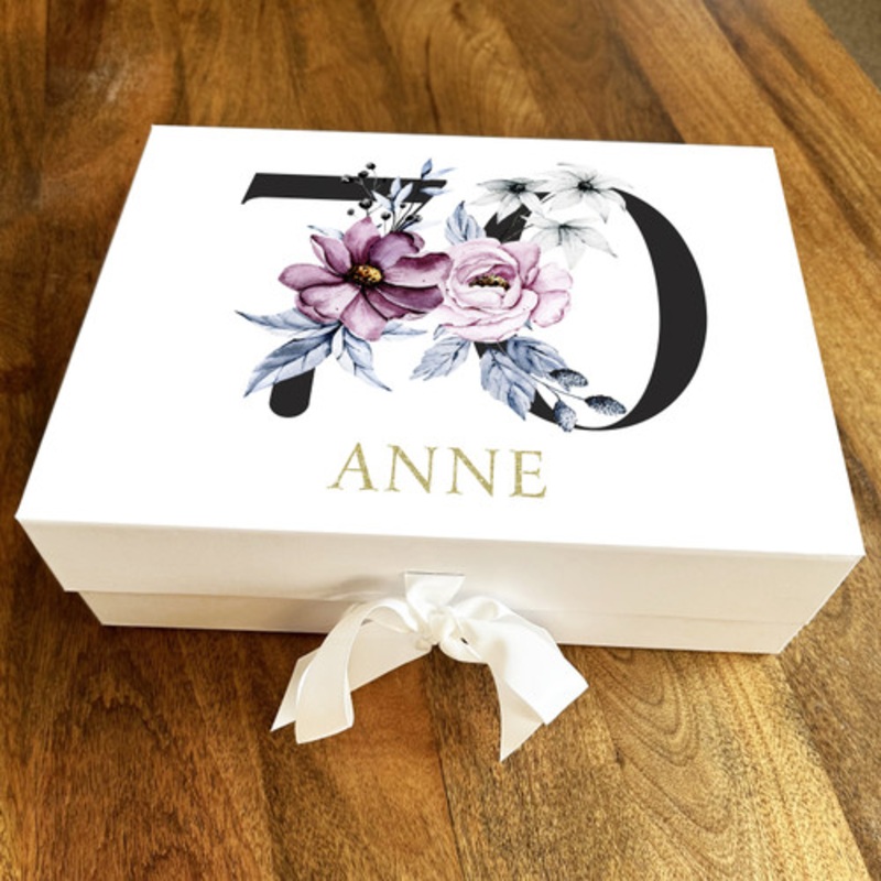 Gold Purple and Baby Blue Floral Any Age 70th Personalised Birthday Gift Box – The Card Zoo