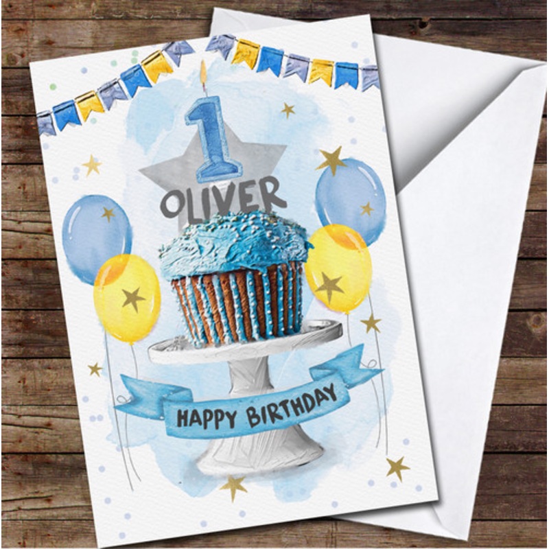 1st First Birthday Boy Blue Cupcake Party Balloons Personalised Birthday Card – The Card Zoo