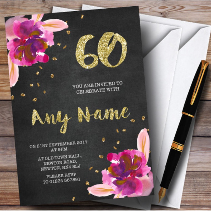 Chalk Gold Confetti Pink Flowers 60th Personalised Birthday Party Invitations – The Card Zoo
