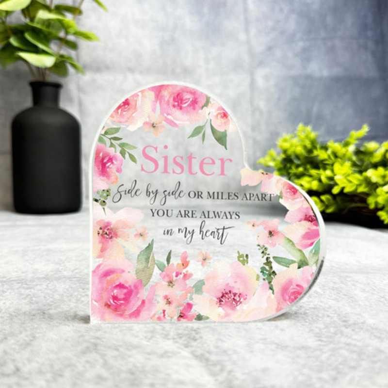 Gift For Sister Side By Side Pink Flowers Heart Plaque Keepsake Gift – The Card Zoo