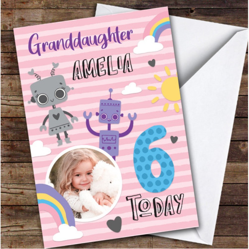 Girl’s Robot Rainbow Photo Granddaughter 6th Birthday Personalised Birthday Card – The Card Zoo