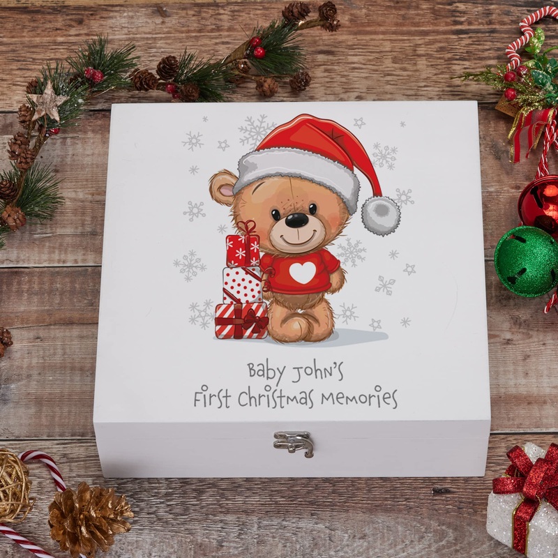 Personalised Baby’s First Christmas Wooden Keepsake Box Teddy in Jumper