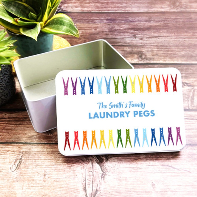 Colourful Laundry Clothes Rectangle Personalised Peg Tin – The Card Zoo