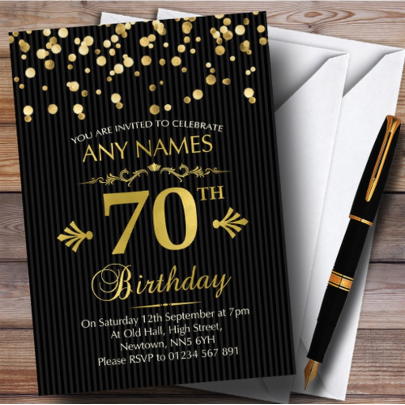 Gold Confetti Black Striped 70th Personalised Birthday Party Invitations – The Card Zoo