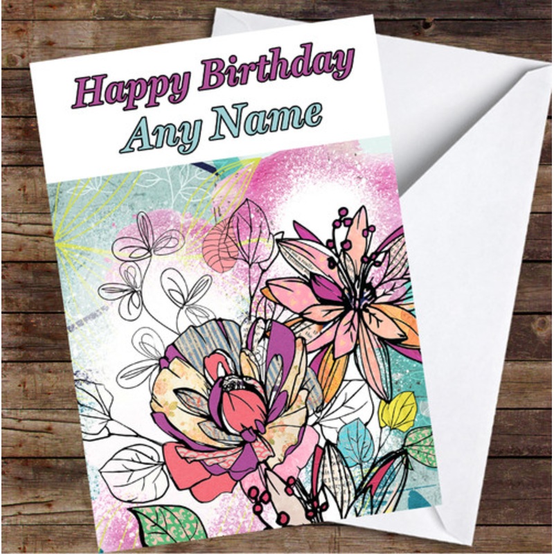 Abstract Vintage Flowers Bright Colourful Leaves Personalised Birthday Card – The Card Zoo