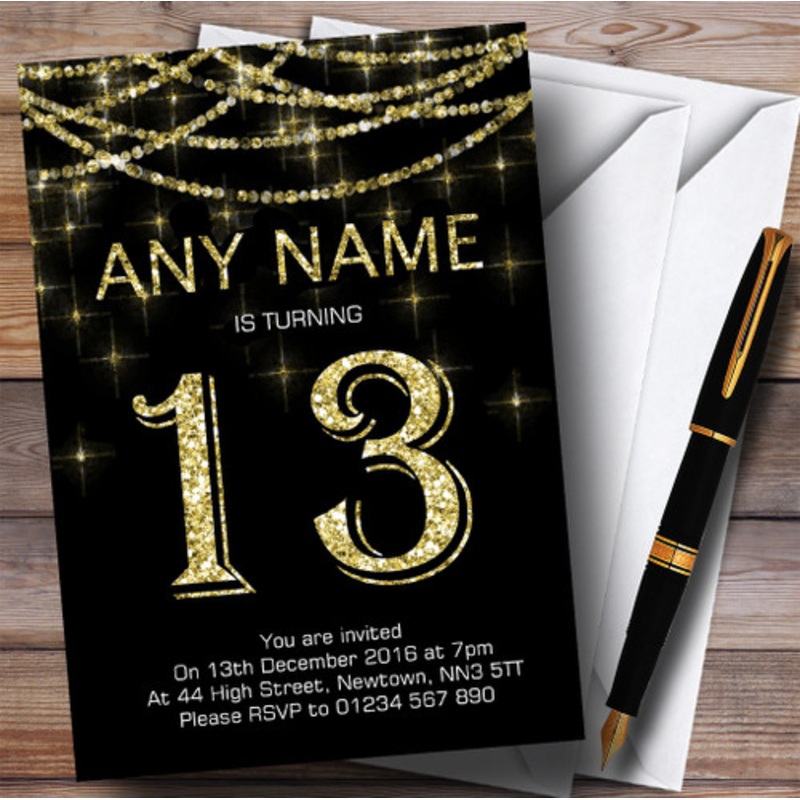 Black and Gold Sparkly Garland 13th Personalised Birthday Party Invitations – The Card Zoo