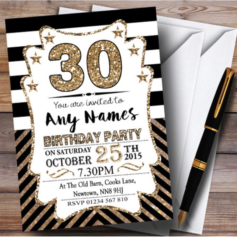 Black and White Bronze Chevrons 30th Personalised Birthday Party Invitations – The Card Zoo