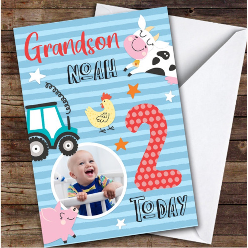 Boy’s Farm Animals Photo Grandson 2nd Birthday Personalised Birthday Card – The Card Zoo