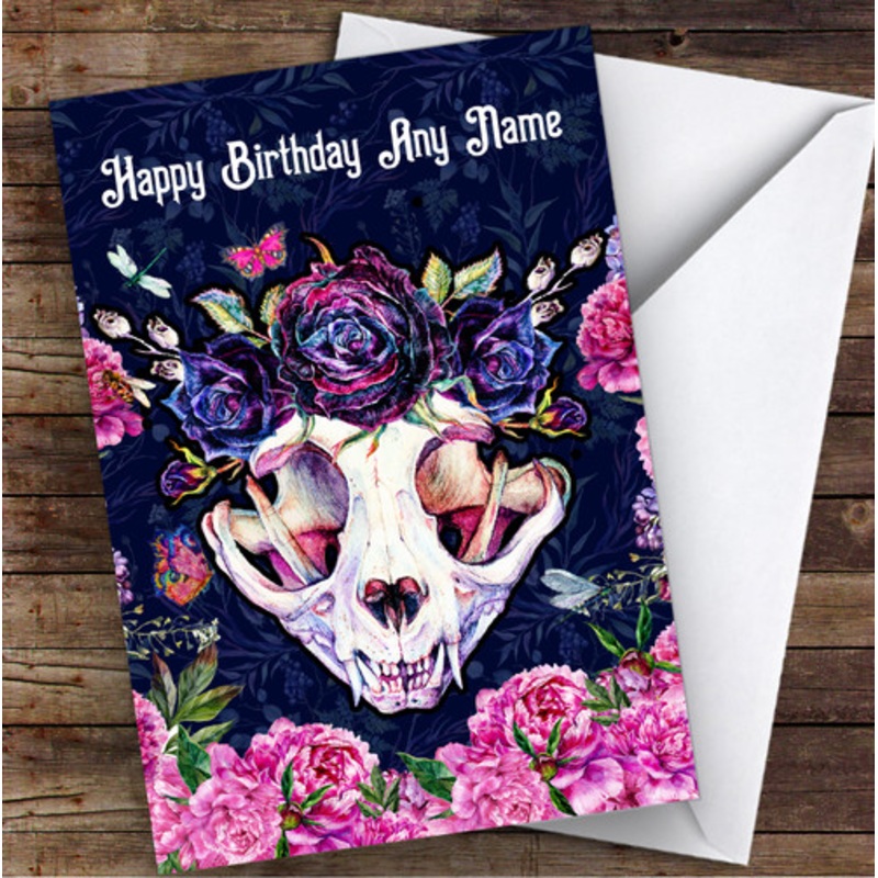 Bright Pink Blue Gothic Cat Skull Floral Personalised Birthday Card – The Card Zoo
