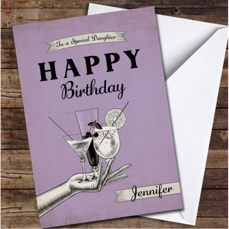 Daughter Birthday Purple Retro Hand Holding Cocktails Personalised Birthday Card – The Card Zoo