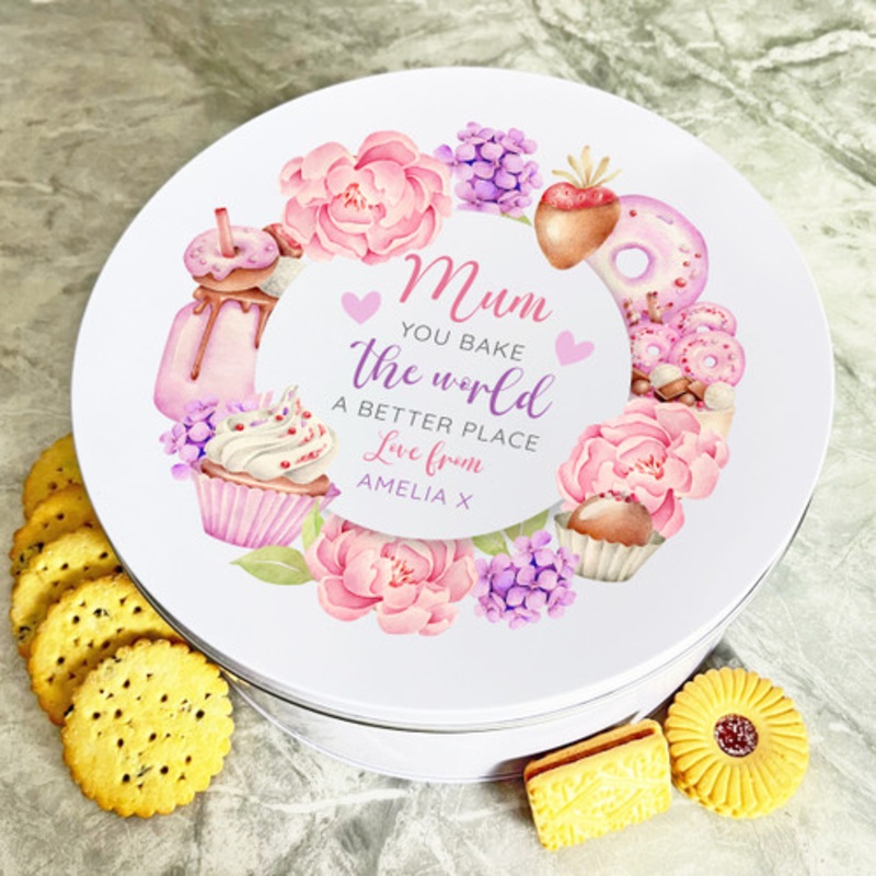 Personalised Round Mum Bake The World A Better Place Pink Treat Wreath Cake Tin – The Card Zoo