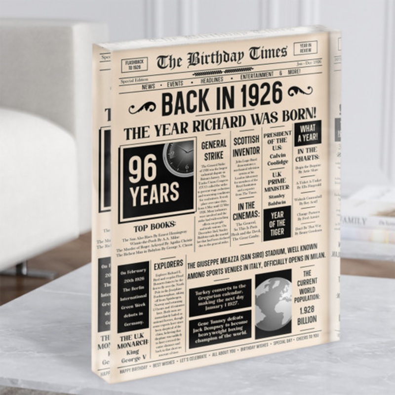 1926 Newspaper Any Age Any Year You Were Born Birthday Facts Gift Acrylic Block – The Card Zoo