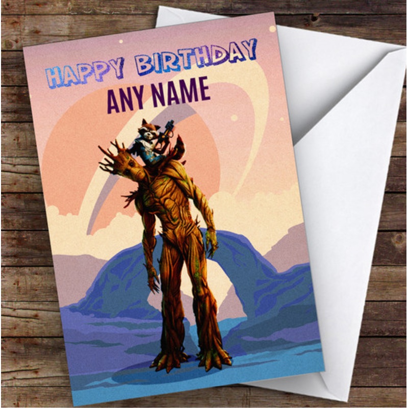 Groot Rocket Raccoon Blue Children’s Kids Personalised Birthday Card – The Card Zoo