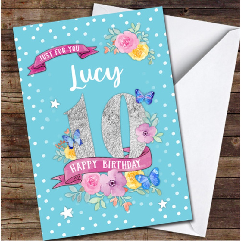 10th Girl Female Flowers Butterfly Turquoise Any Age Personalised Birthday Card – The Card Zoo