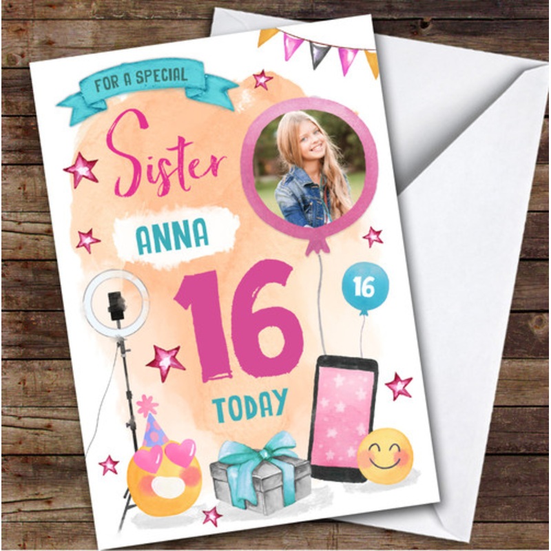 Girl’s Phone Tech Selfie Emoji Photo Sister 16th Birthday Personalised Card – The Card Zoo