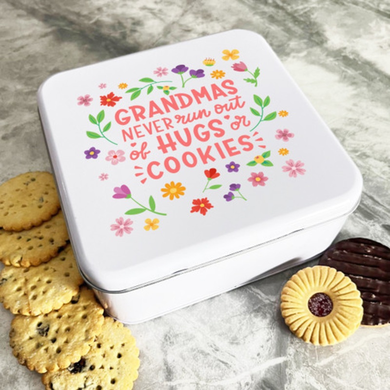 Personalised Square Grandmas Hugs Cookies Flowers Cake Treat Sweets Biscuit Tin – The Card Zoo