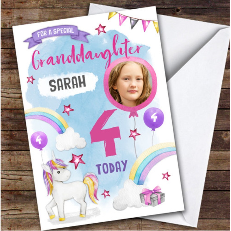 Girl’s Unicorn Photo Granddaughter 4th Birthday Personalised Birthday Card – The Card Zoo