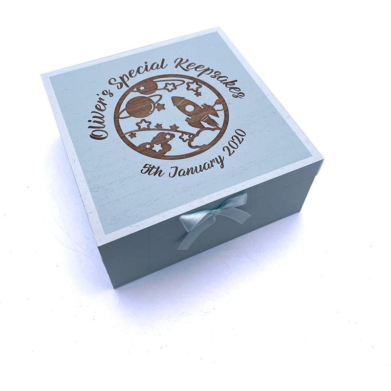 Rocket and planets Personalised Baby Boy Blue Memories Keepsake Box