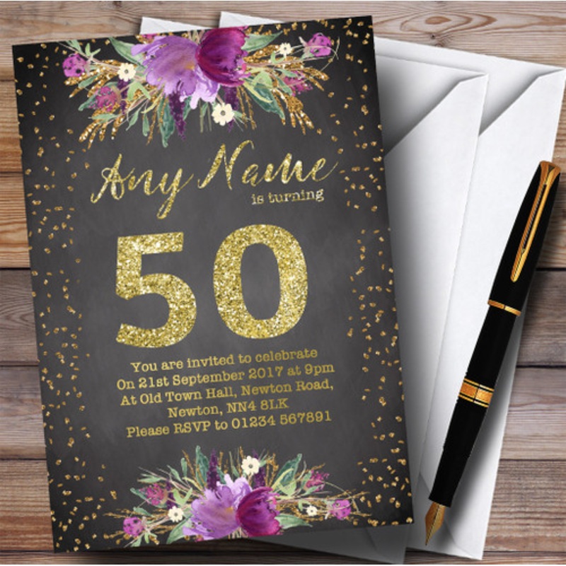 Chalk Watercolour Purple Gold 50th Personalised Birthday Party Invitations – The Card Zoo