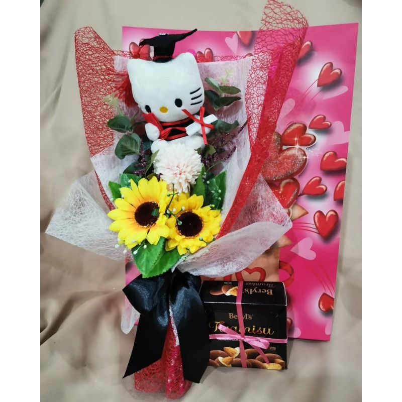 Graduation Kitty with Artificial Sunflower bouquet and Chocolate Gift Set (Klang Valley Delivery)