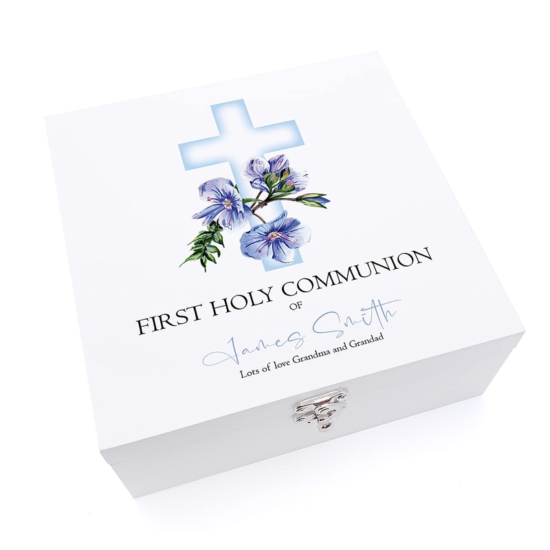 Personalised First Holy Communion Wooden Keepsake Memory Box Blue Cross