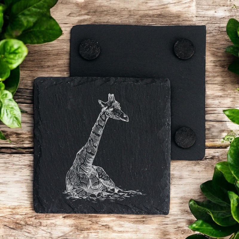Set of 2 Giraffe Engraved Slate Stone Drink Coasters