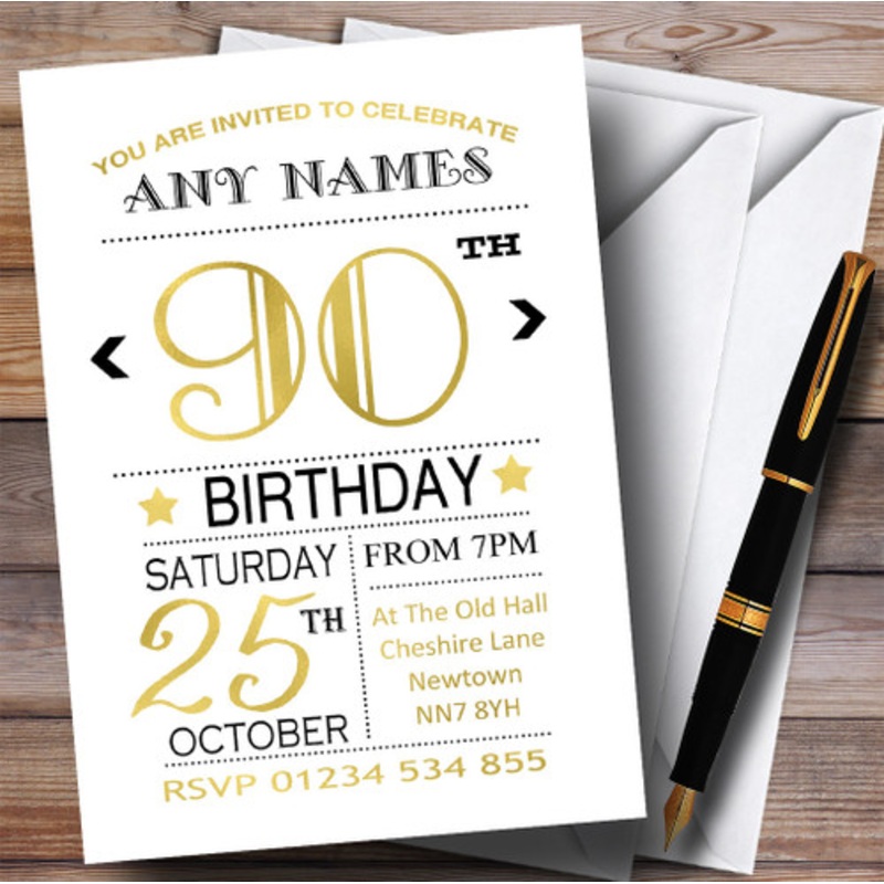White Black and Gold 90th Personalised Birthday Party Invitations – The Card Zoo