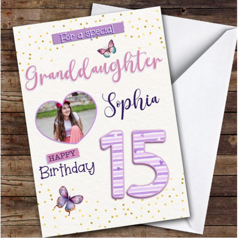 15th Granddaughter Butterflies Heart Photo Teenager Personalised Birthday Card – The Card Zoo