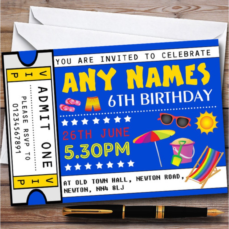 Beach Ticket Personalised Children’s Birthday Party Invitations – The Card Zoo