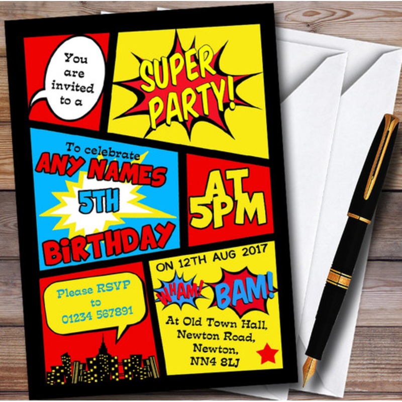 Boys Superhero Comic Personalised Children’s Birthday Party Invitations – The Card Zoo