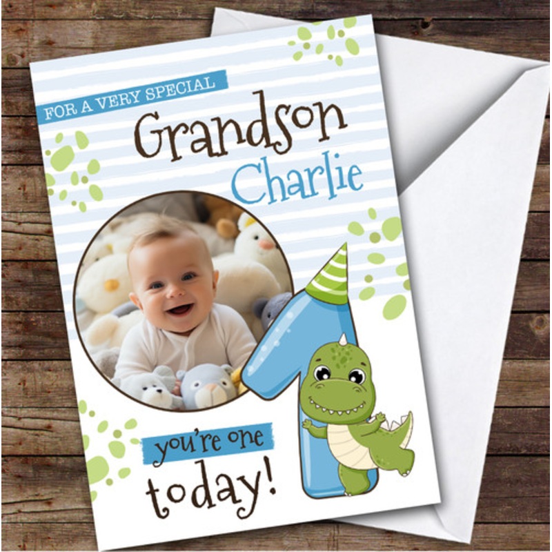 Grandson 1st Cute Baby Dinosaur Photo Boys Custom Personalised Birthday Card – The Card Zoo