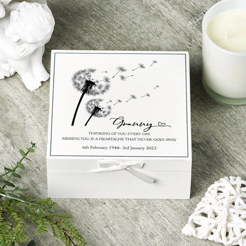 Personalised Granny Memorial Remembrance Vintage Wooden Keepsake Box With Dandelions
