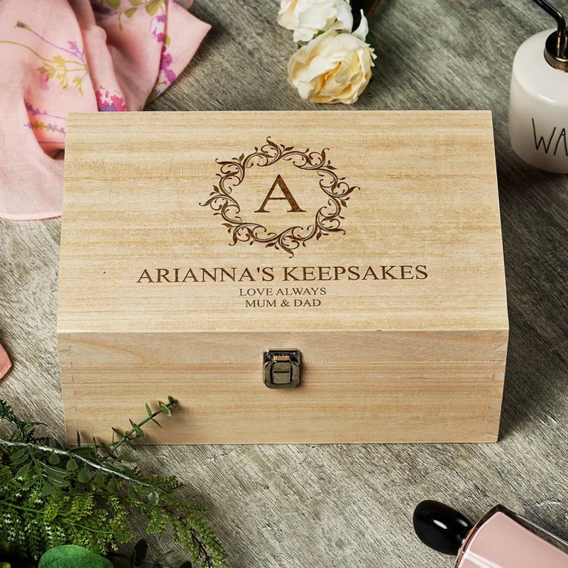 Personalised Wooden Keepsake Memory Box Gift With Elegant Monogram