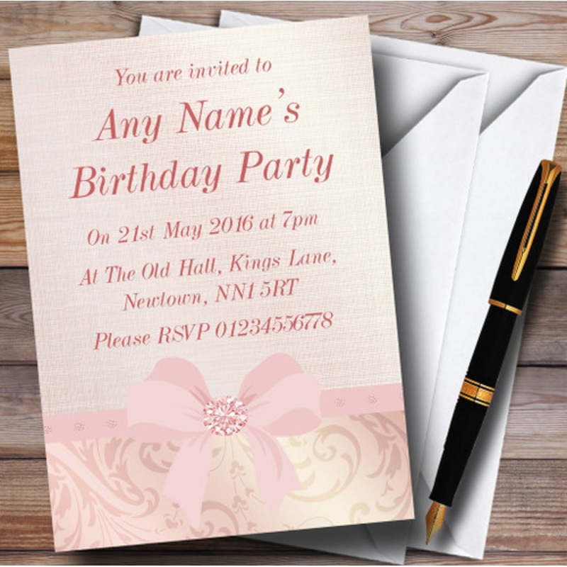 Pretty Pale Coral Pink Damask Bow Birthday Party Personalised Invitations – The Card Zoo