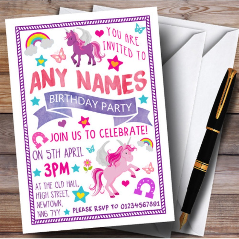 Pretty Pink Purple Unicorn Children’s Birthday Party Invitations – The Card Zoo