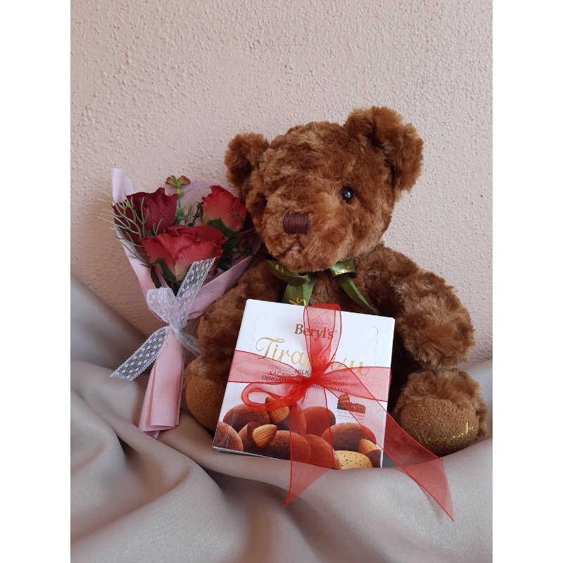 Teddy Bear, Chocolate and Artificial Rose Mini Bouquet Gift Set (Klang Valley Delivery)