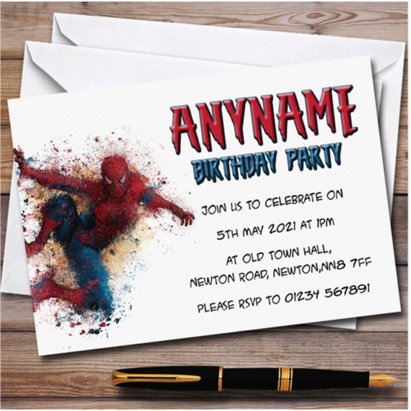 Watercolour Splatter Spiderman Children’s Birthday Party Invitations – The Card Zoo