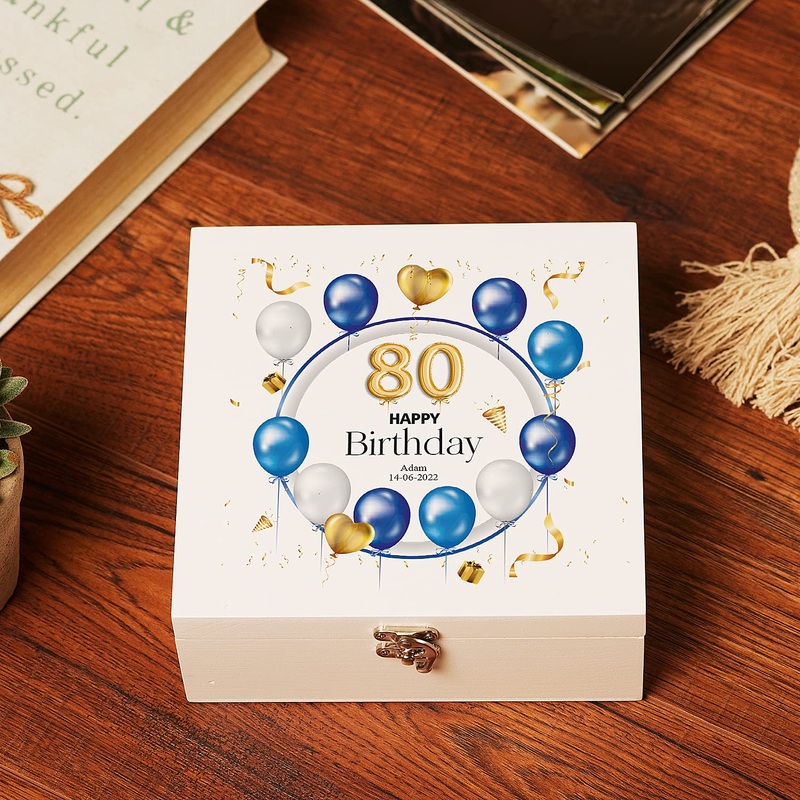80th Birthday Gift Personalised Wooden Keepsake Memory Box With Balloons