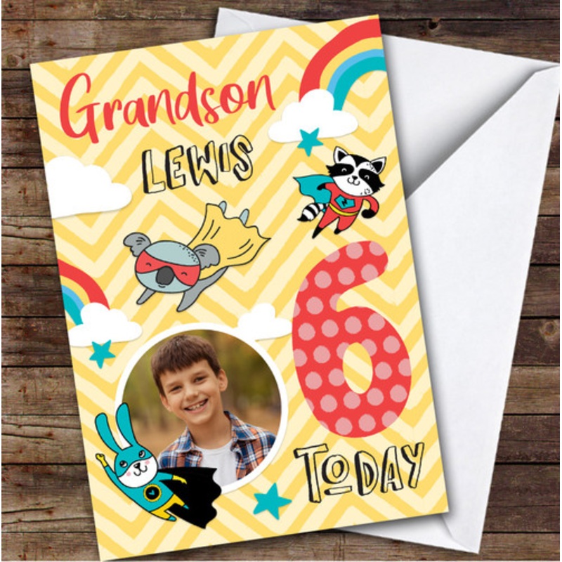 Boy’s Superhero Rainbow Comic Photo Grandson 6th Birthday Personalised Card – The Card Zoo