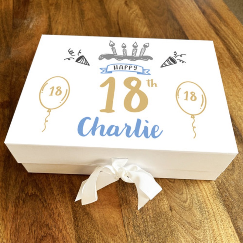 Cake Gold Blue Balloons Any Age 18th Personalised Keepsake Birthday Gift Box – The Card Zoo