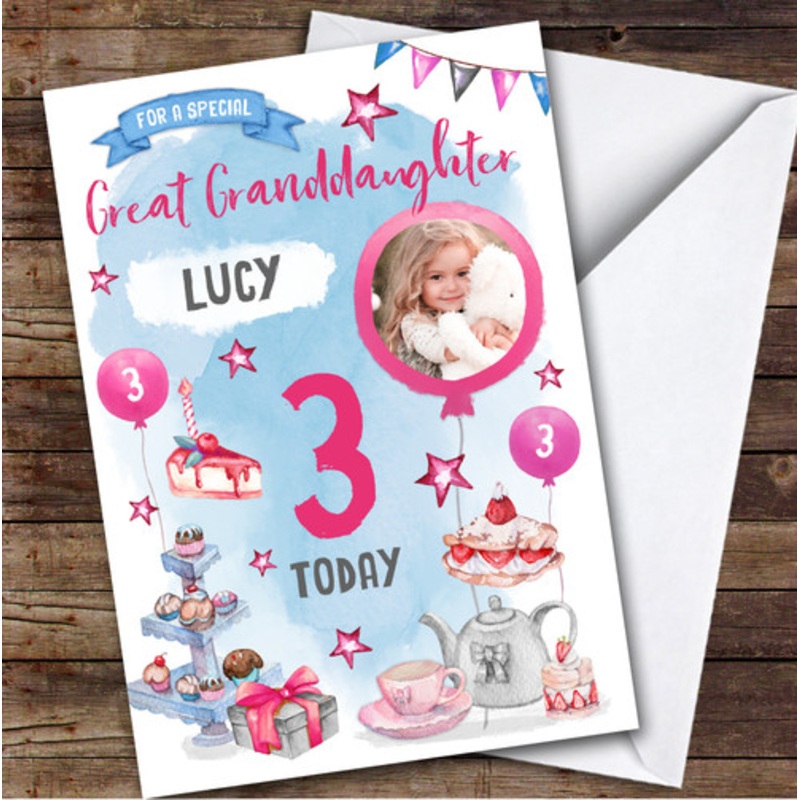 Girl’s Tea Party Photo Great Granddaughter 3rd Birthday Personalised Card – The Card Zoo