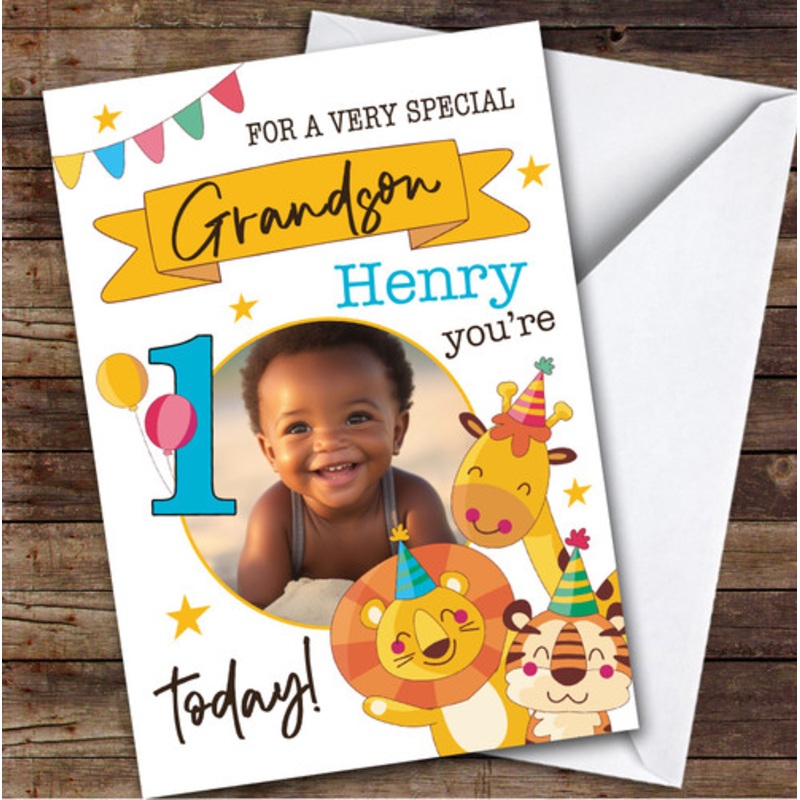 Grandson 1st Safari Party Animals Photo Boys Custom Personalised Birthday Card – The Card Zoo
