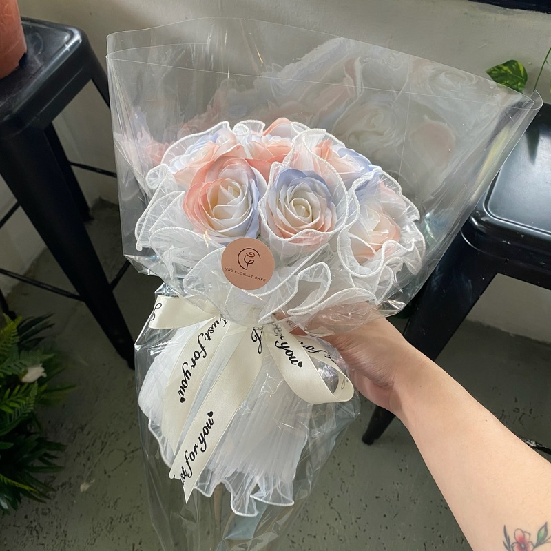 10 Stalks Light Pink & Blue Ombr Big Soap Rose Artificial Flower Bouquet (Klang Valley Delivery Only)