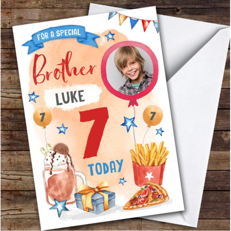 Boy’s Pizza Milkshake Food Photo Brother 7th Birthday Personalised Birthday Card – The Card Zoo
