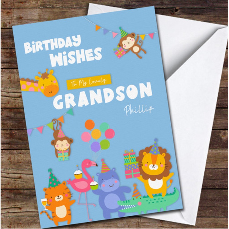 Lovely Grandson Blue Funny Jungle Party Animals Personalised Birthday Card – The Card Zoo