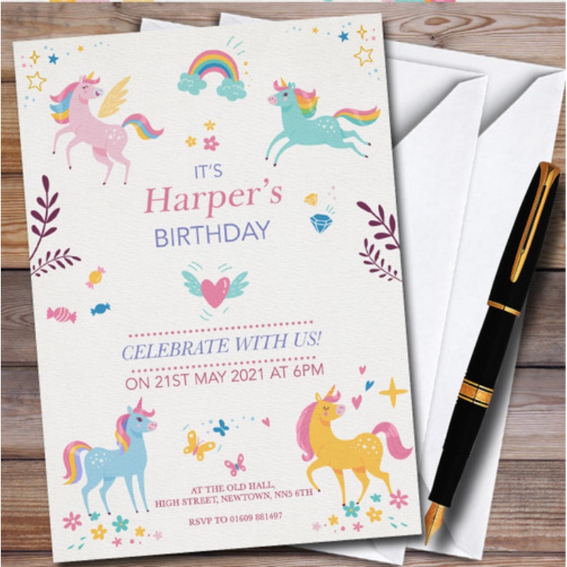 Magical Unicorns Floral Rainbow Children’s Birthday Party Invitations – The Card Zoo