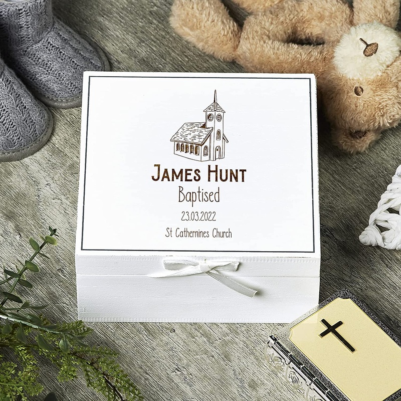 Personalised Baptism White Keepsake Box With Church Design